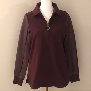 Zip Front Collared pullover. Faux leather sleeves & collar. Deep plum. Size XS-S